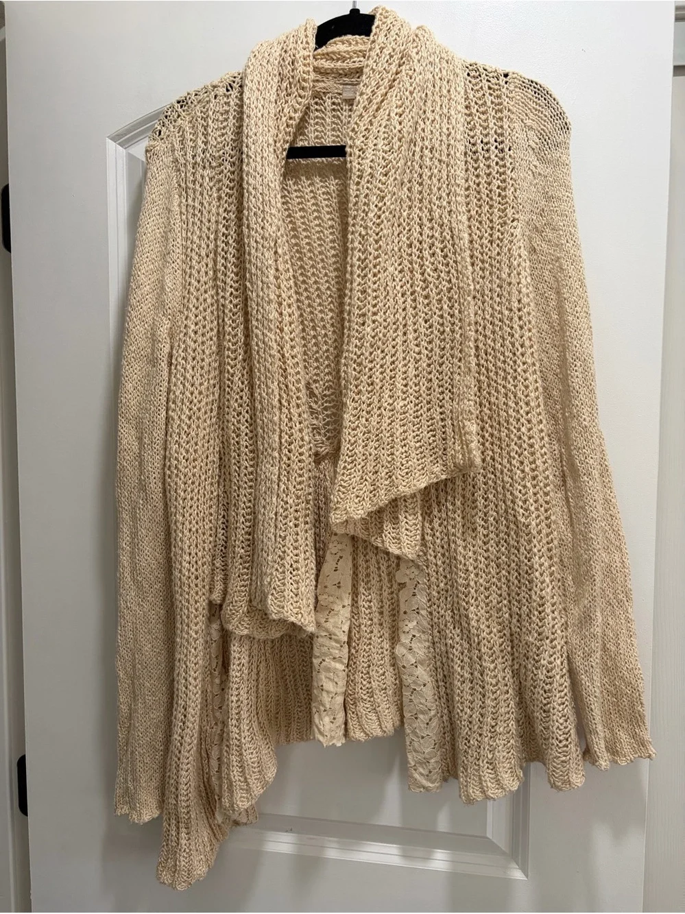Anthropologie 100% Cotton Boho Open Knit Waterfall Cardigan Cream